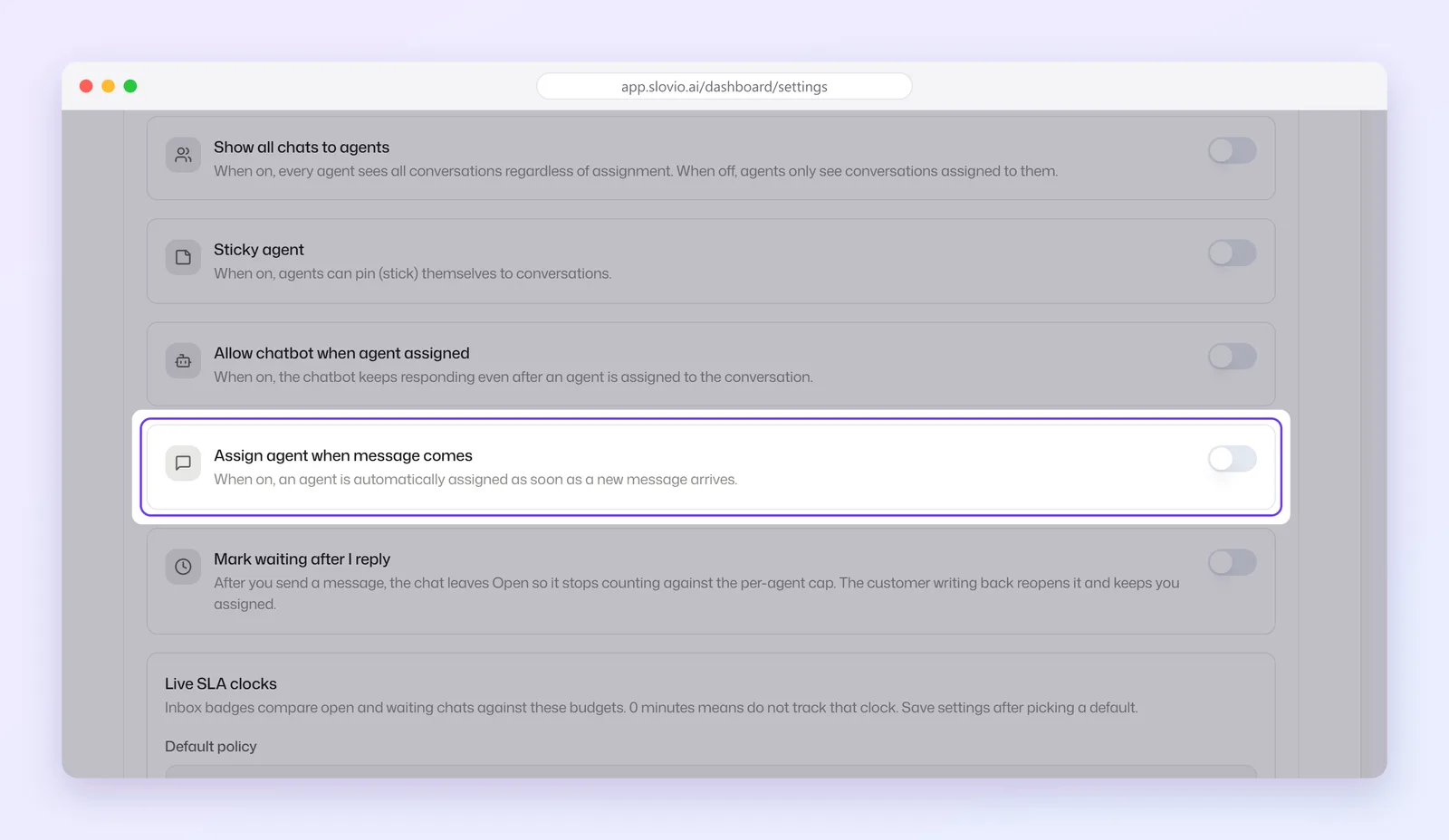 Conversation Distribution card on the Agents Settings tab, with the Assign agent when message comes switch highlighted
