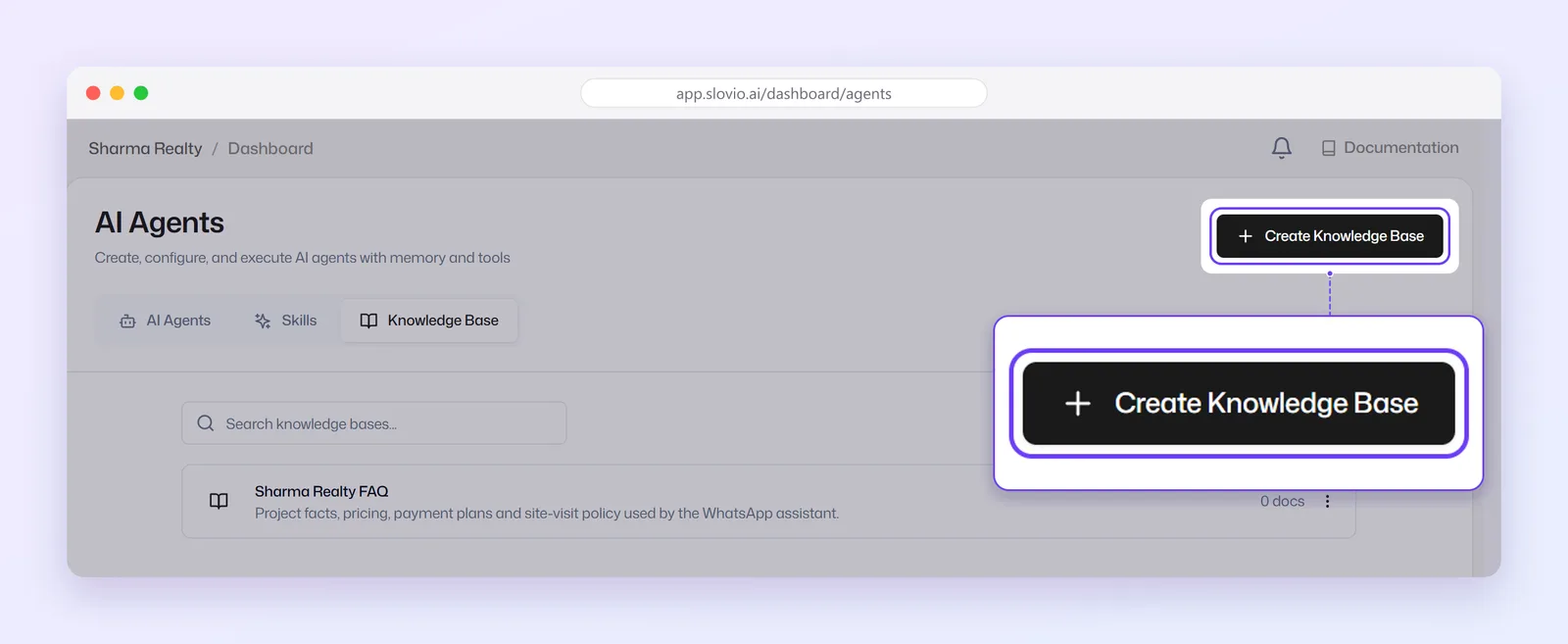 Knowledge Base tab of the AI Agents hub listing an FAQ knowledge base, with the Create Knowledge Base button highlighted