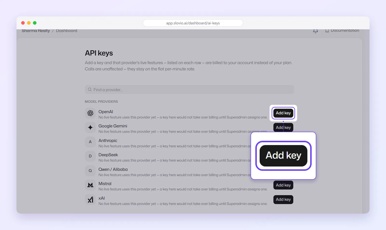 API keys page listing AI providers such as OpenAI, Google Gemini and Anthropic, with the Add key button for OpenAI highlighted