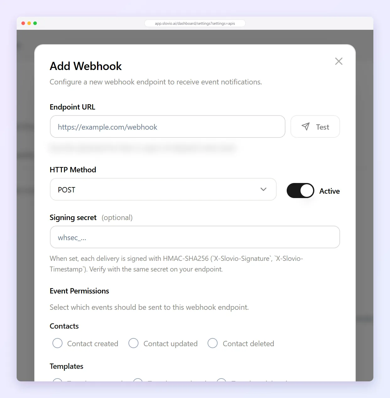 Add Webhook dialog with Endpoint URL, HTTP Method POST, the Active switch, Signing secret and Event Permissions