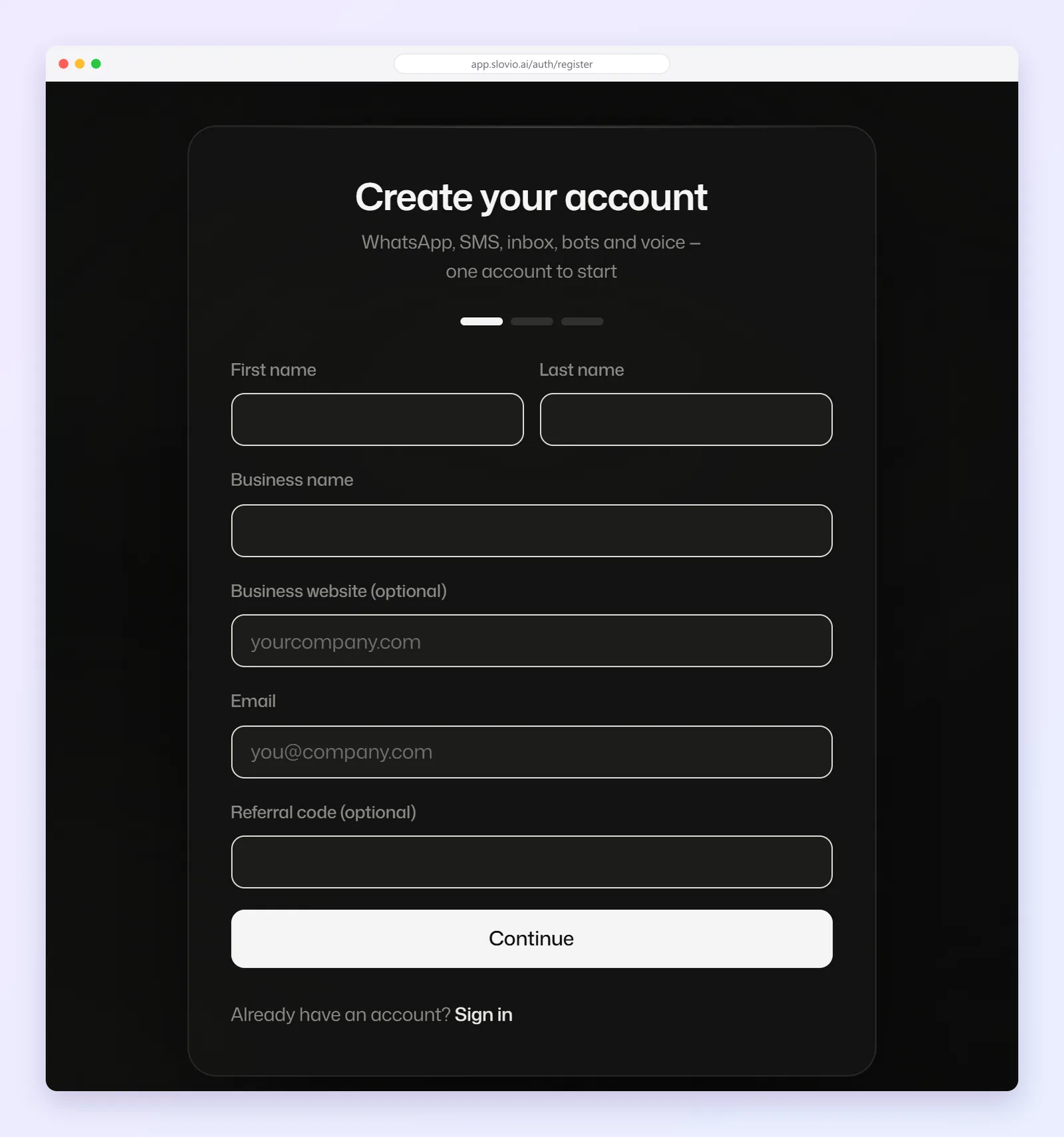 Create your account page with First name, Last name, Business name, Business website, Email and Referral code fields and the Continue button