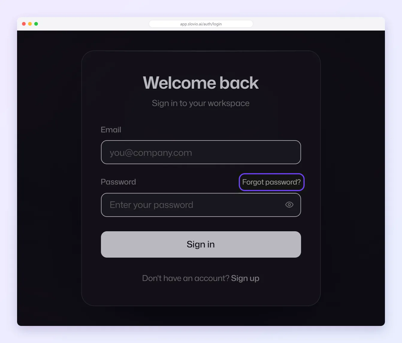 Welcome back sign-in page with Email and Password fields and the Forgot password? link highlighted