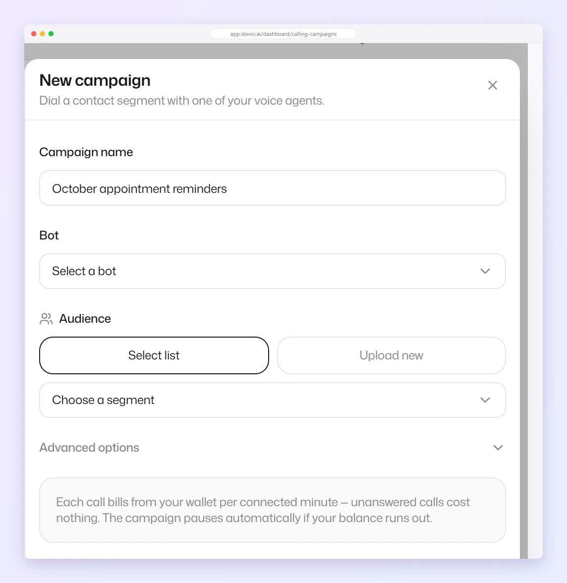 New campaign panel with Campaign name "October appointment reminders", the Bot picker, Audience options and Advanced options