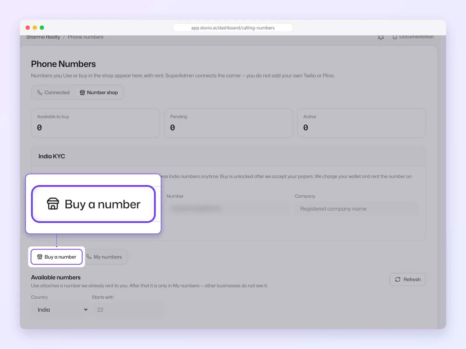 Phone Numbers page on the Number shop tab with the India KYC card and the Buy a number tab highlighted above the available numbers filters