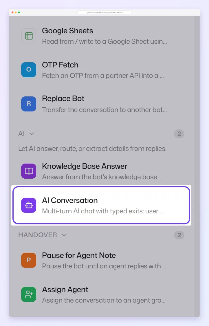 Chatbot builder palette opened at the AI group, with Knowledge Base Answer and the AI Conversation block highlighted