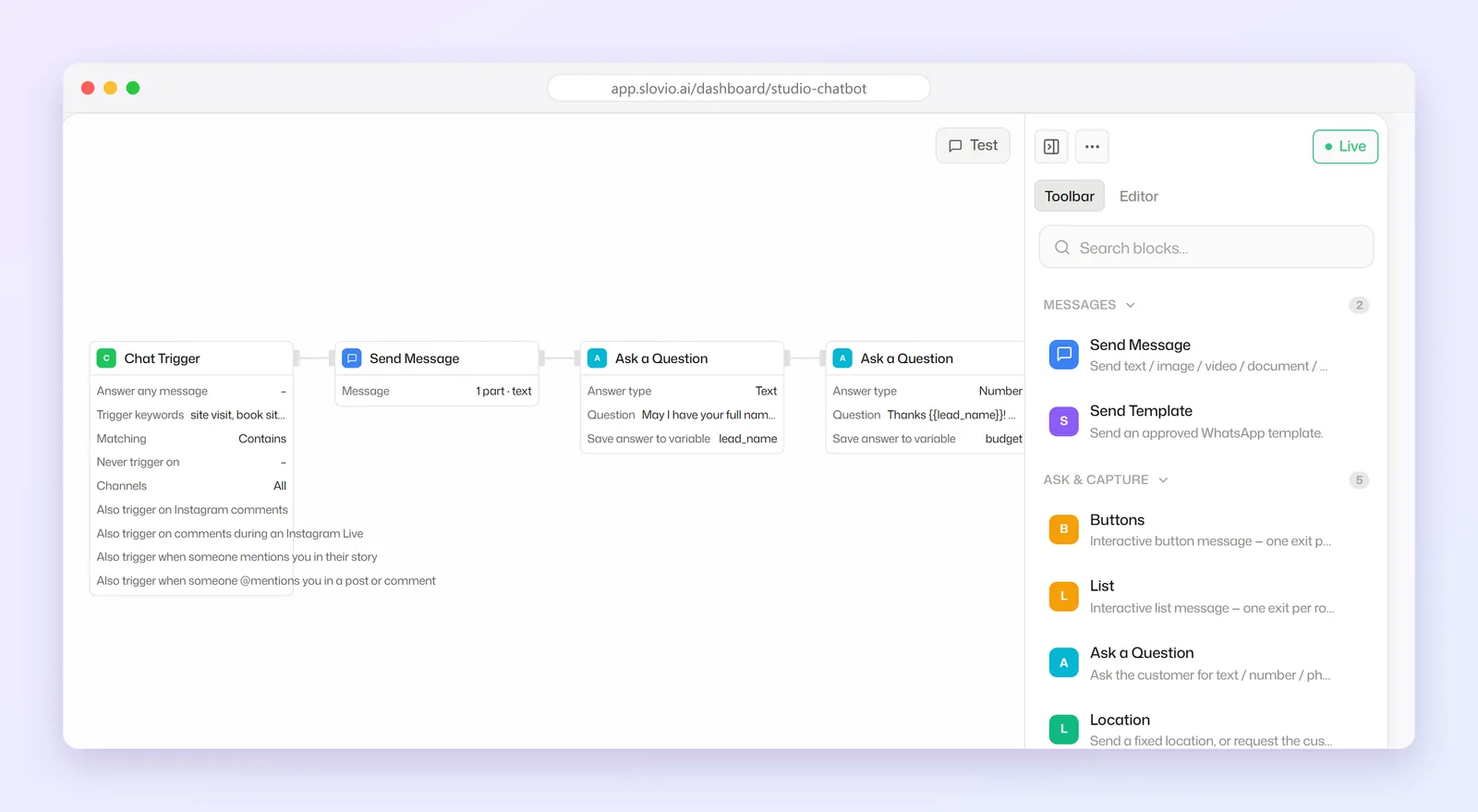 Chatbot builder canvas for a lead capture bot: a Chat Trigger block with trigger keywords, a Send Message block and Ask a Question blocks saving lead_name and budget, with the block toolbar on the right