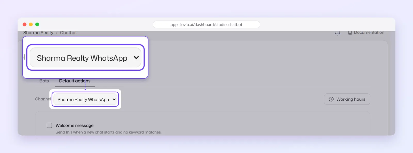 Default actions tab of the Chatbot page with the Channel picker highlighted, the Working hours button and the list of default actions