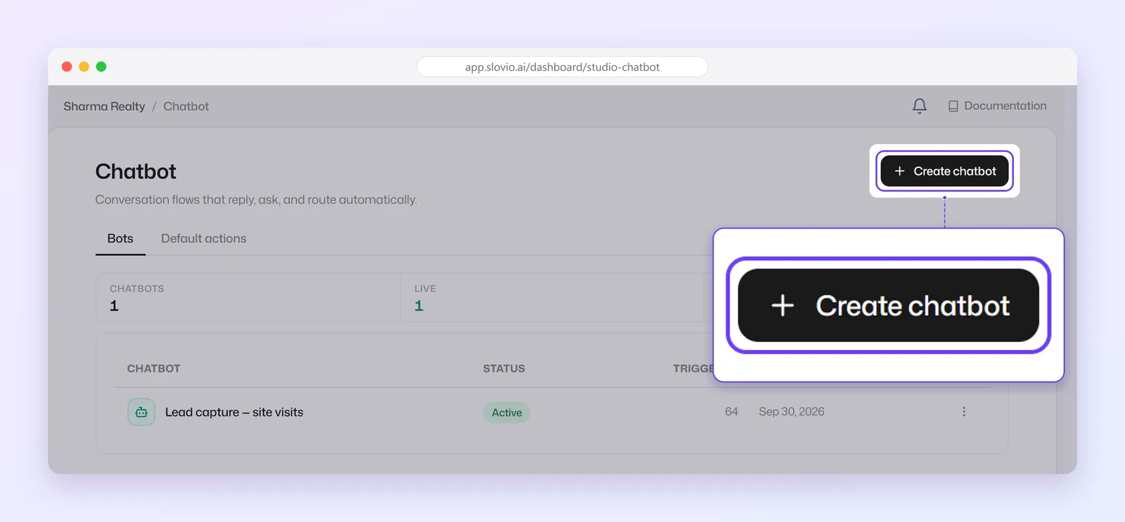 Chatbot page with the Bots and Default actions tabs, counts of chatbots, live bots and triggers, one active bot in the list, and the Create chatbot button highlighted