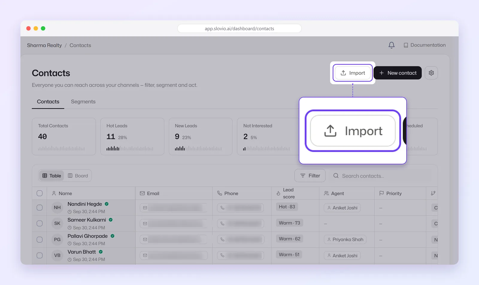 Slovio Contacts page with lead summary cards and the contact table, with the Import button highlighted next to New contact