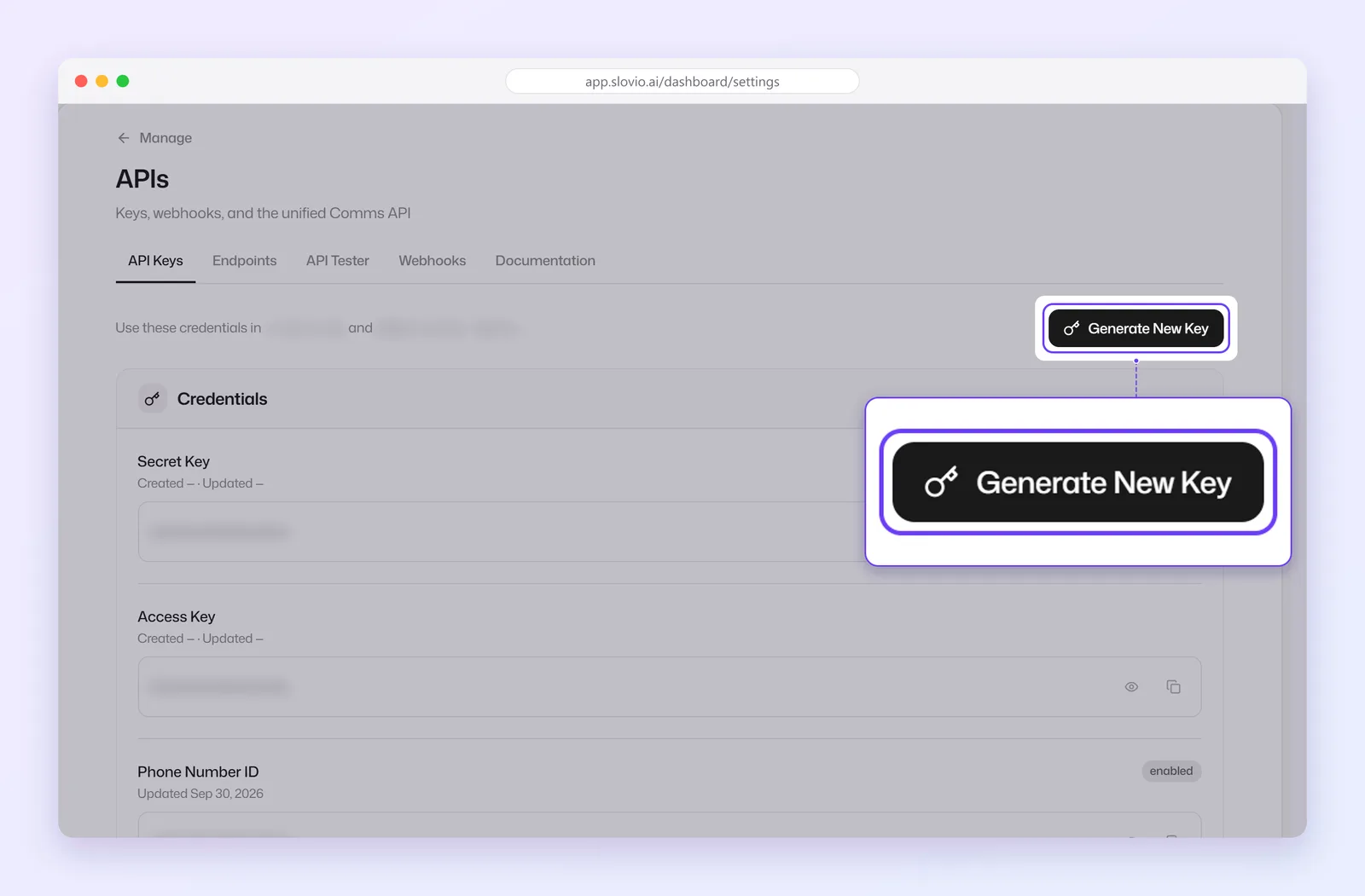 APIs page on the API Keys tab with the Generate New Key button highlighted and the Credentials card for Secret Key, Access Key and Phone Number ID, with all key values hidden