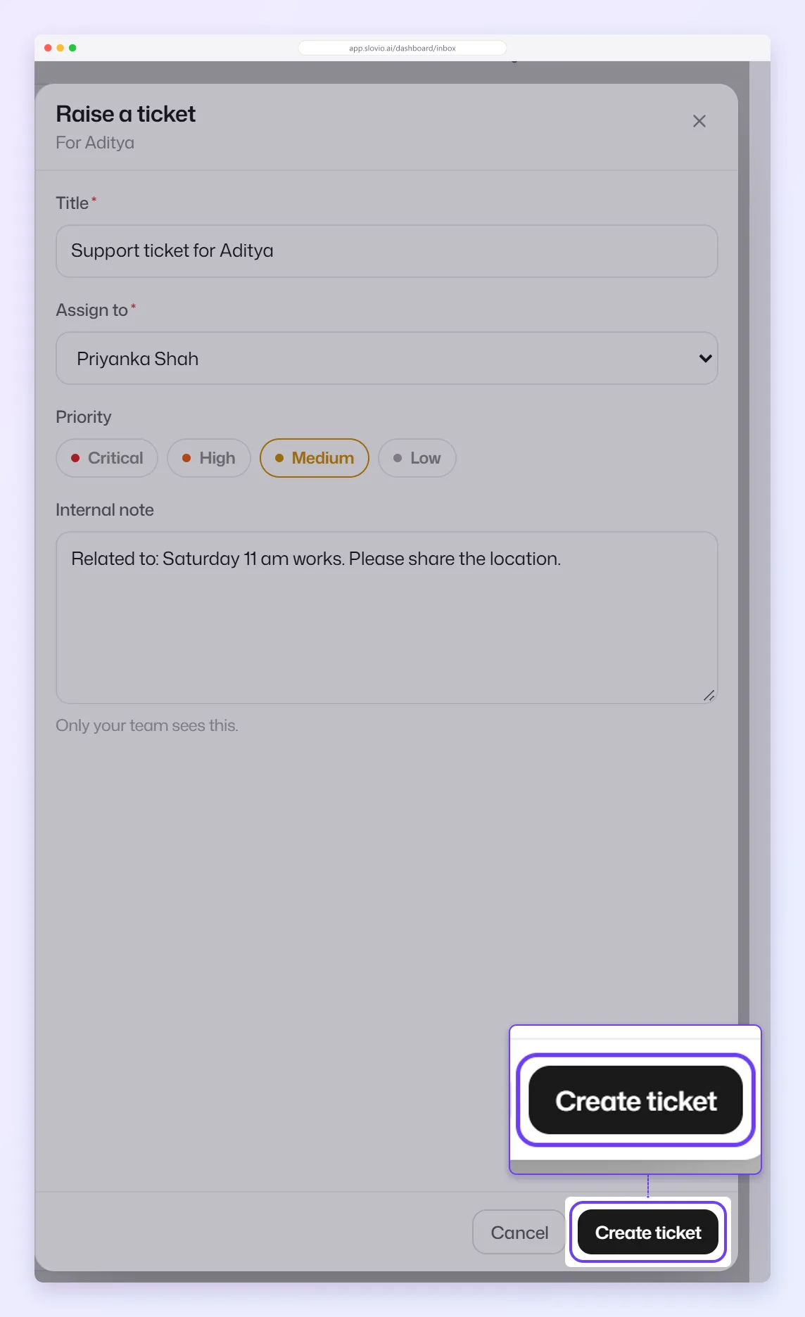 Raise a ticket panel in the Inbox with Title, Assign to, Priority and Internal note, and the Create ticket button highlighted