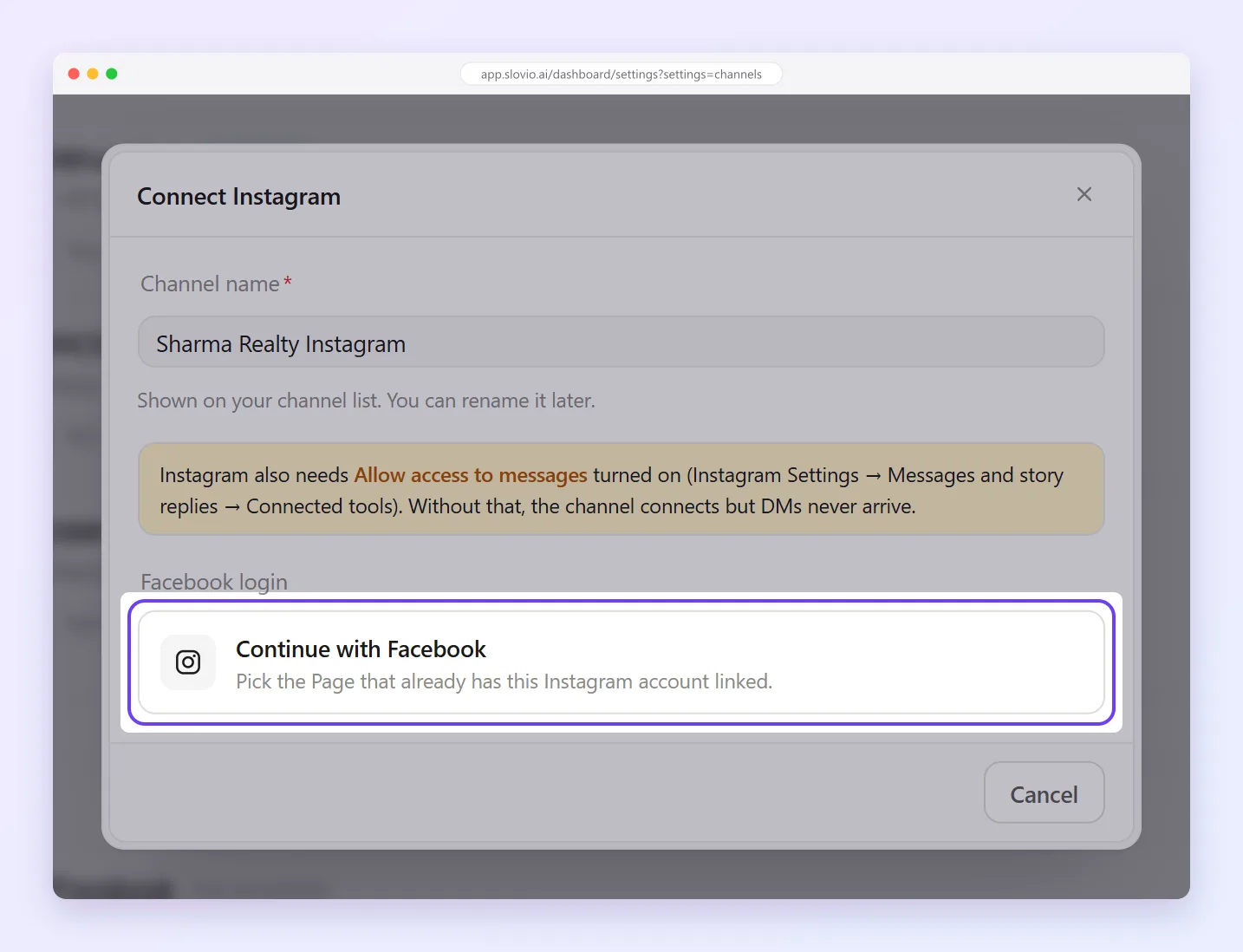 Connect Instagram dialog with a channel name, the note about allowing access to messages, and the Continue with Facebook button highlighted