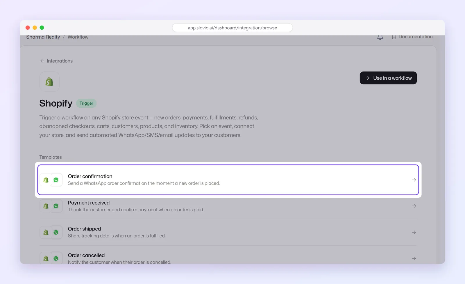 Shopify integration page listing workflow templates, with the Order confirmation template highlighted