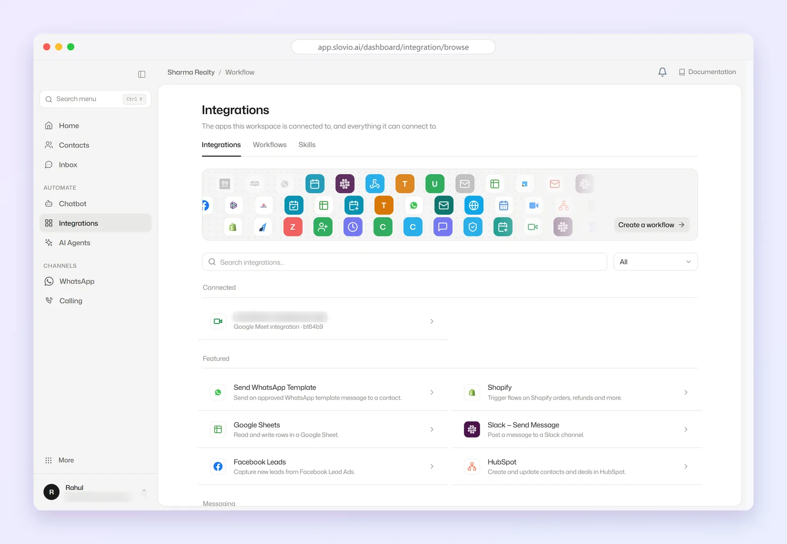 Integrations page with the Integrations, Workflows and Skills tabs, an app icon gallery with Create a workflow, the search box, a Connected Google Meet account and Featured integrations such as Send WhatsApp Template, Shopify, Google Sheets, Slack, Facebook Leads and HubSpot