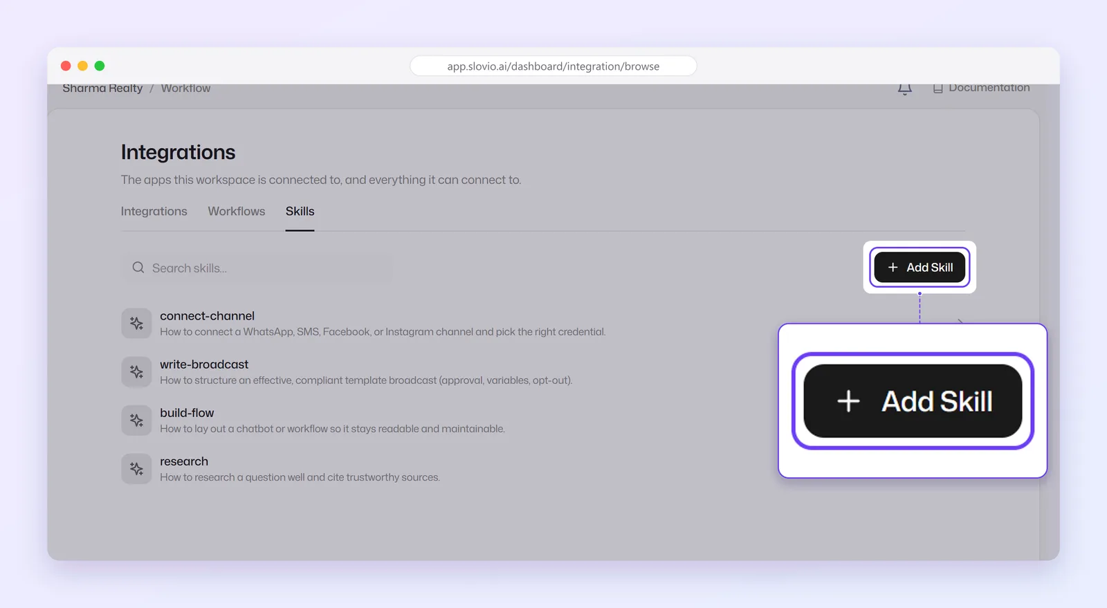 Skills tab of the Integrations page listing workspace skills, with the Add Skill button highlighted