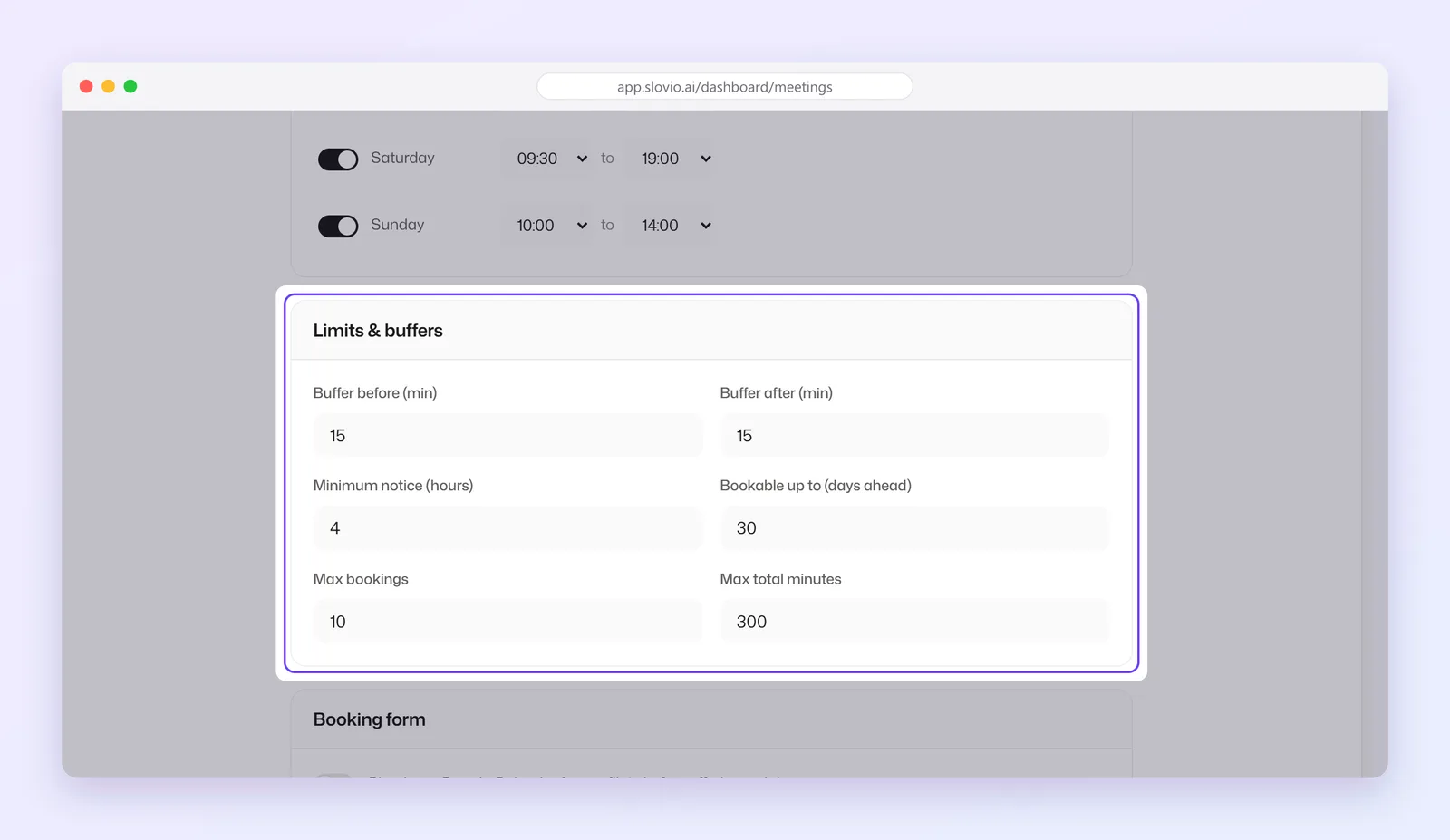 Edit meeting type screen for Site visit showing the Details card: Title, Description, Duration 30 minutes, Location Google Meet, the Google Account picker with Connect another account, and Timezone Asia/Kolkata