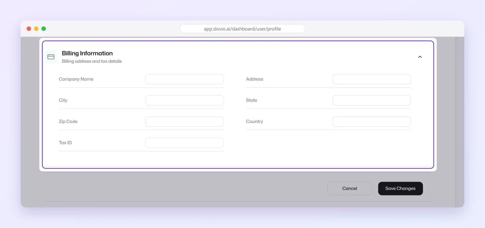 Billing Information section of the profile in edit mode with Company Name, Address, City, State, Zip Code, Country and Tax ID fields