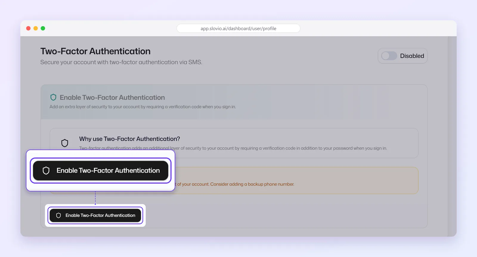 Security tab with the Two-Factor Authentication section and the Enable Two-Factor Authentication button highlighted