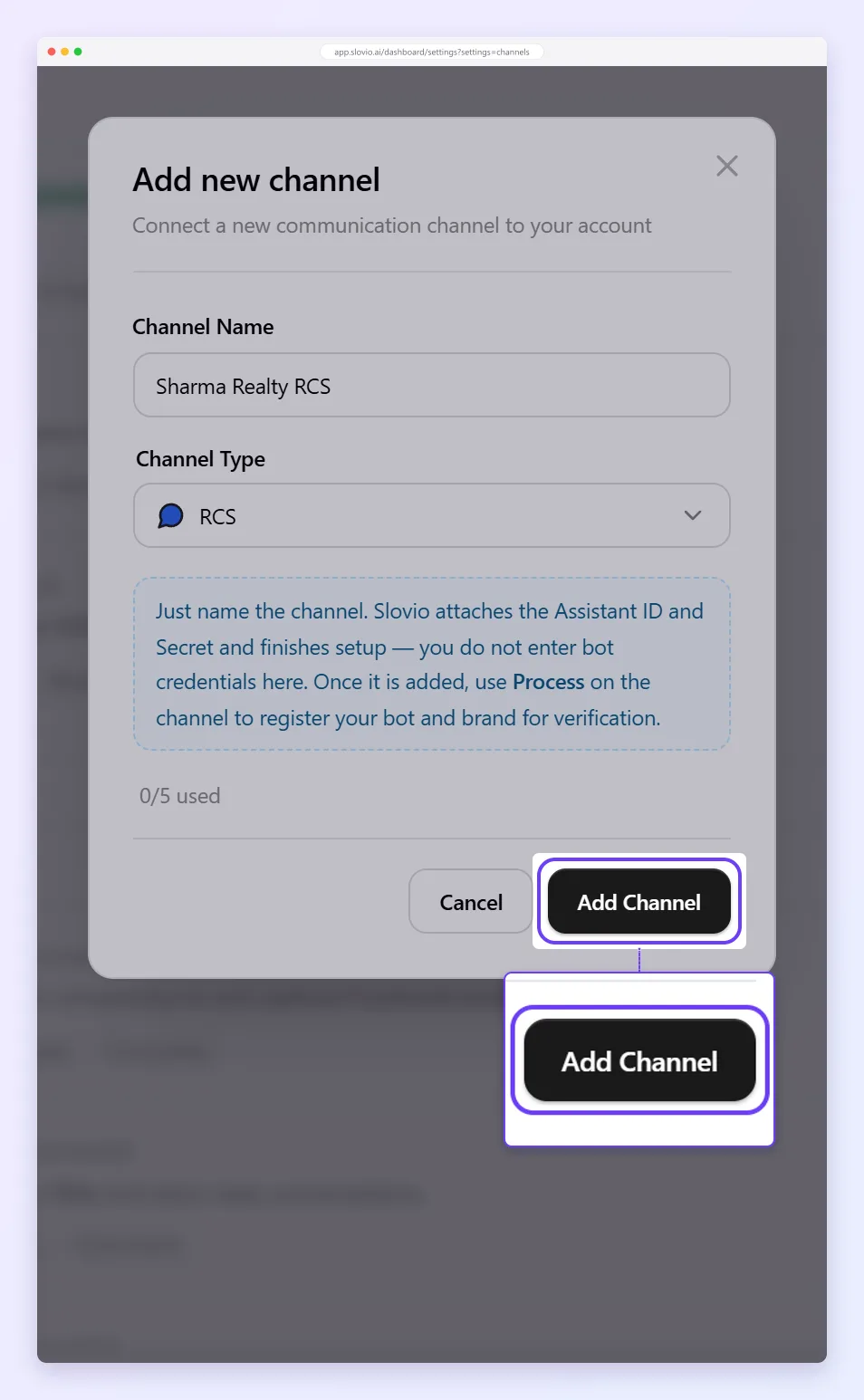Add new channel dialog for RCS with the channel name filled in, a note that Slovio attaches the bot credentials, and the Add Channel button highlighted