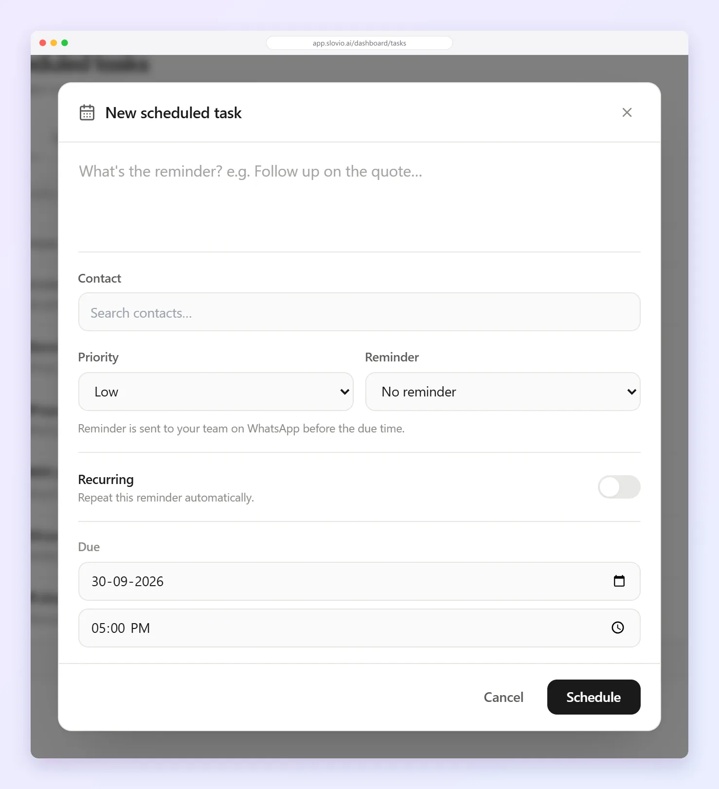 New scheduled task dialog with the reminder text, Contact, Priority, Reminder, the Recurring switch and the Due date and time