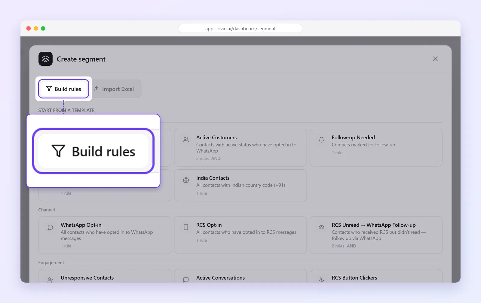 Create segment dialog with the Build rules tab highlighted and ready-made segment templates such as New Leads, Active Customers and Follow-up Needed