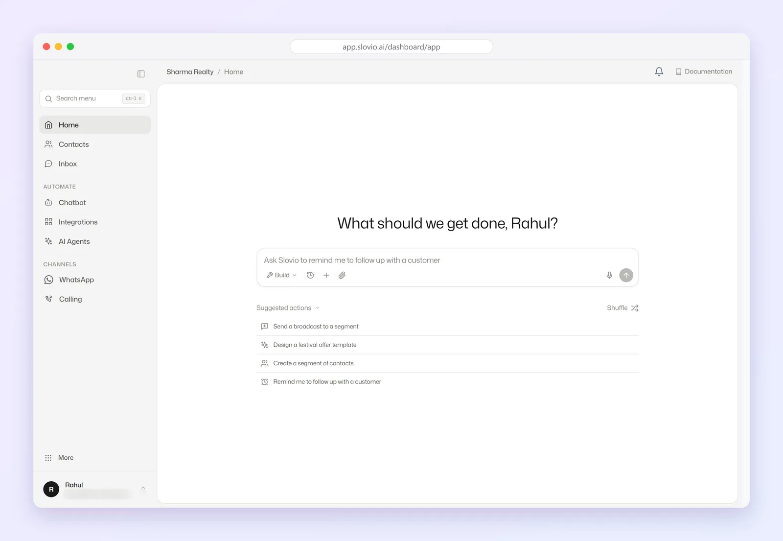 Slovio Home screen with the assistant prompt "What should we get done?" and the left sidebar showing Home, Contacts, Inbox, the Automate group, the Channels group and More
