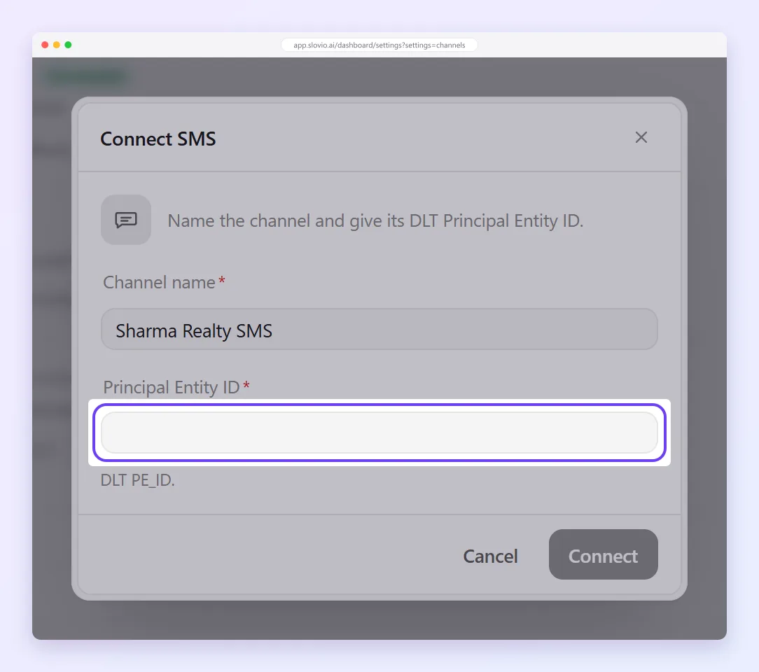 Connect SMS dialog with a channel name filled in and the empty Principal Entity ID field highlighted