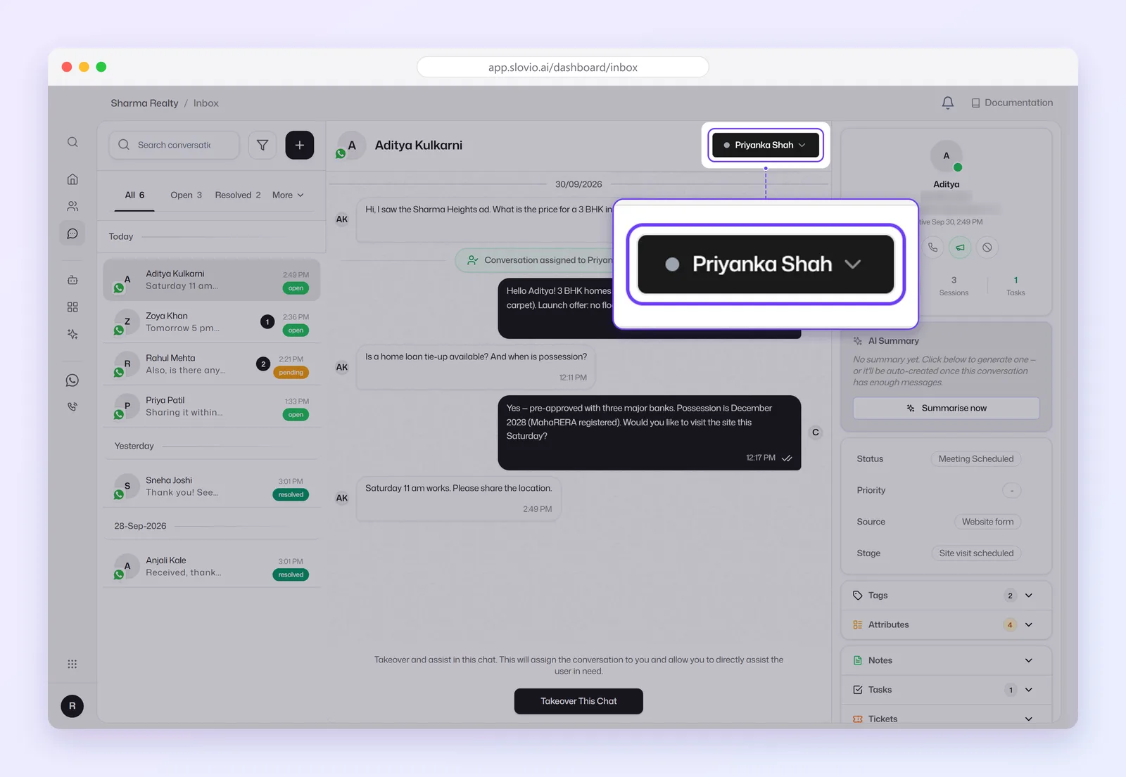 Slovio Inbox with a WhatsApp conversation open: the conversation list with Open, Resolved and More tabs, the chat assigned to a teammate with the Takeover This Chat button, and the contact panel with status, source, stage, tags and notes