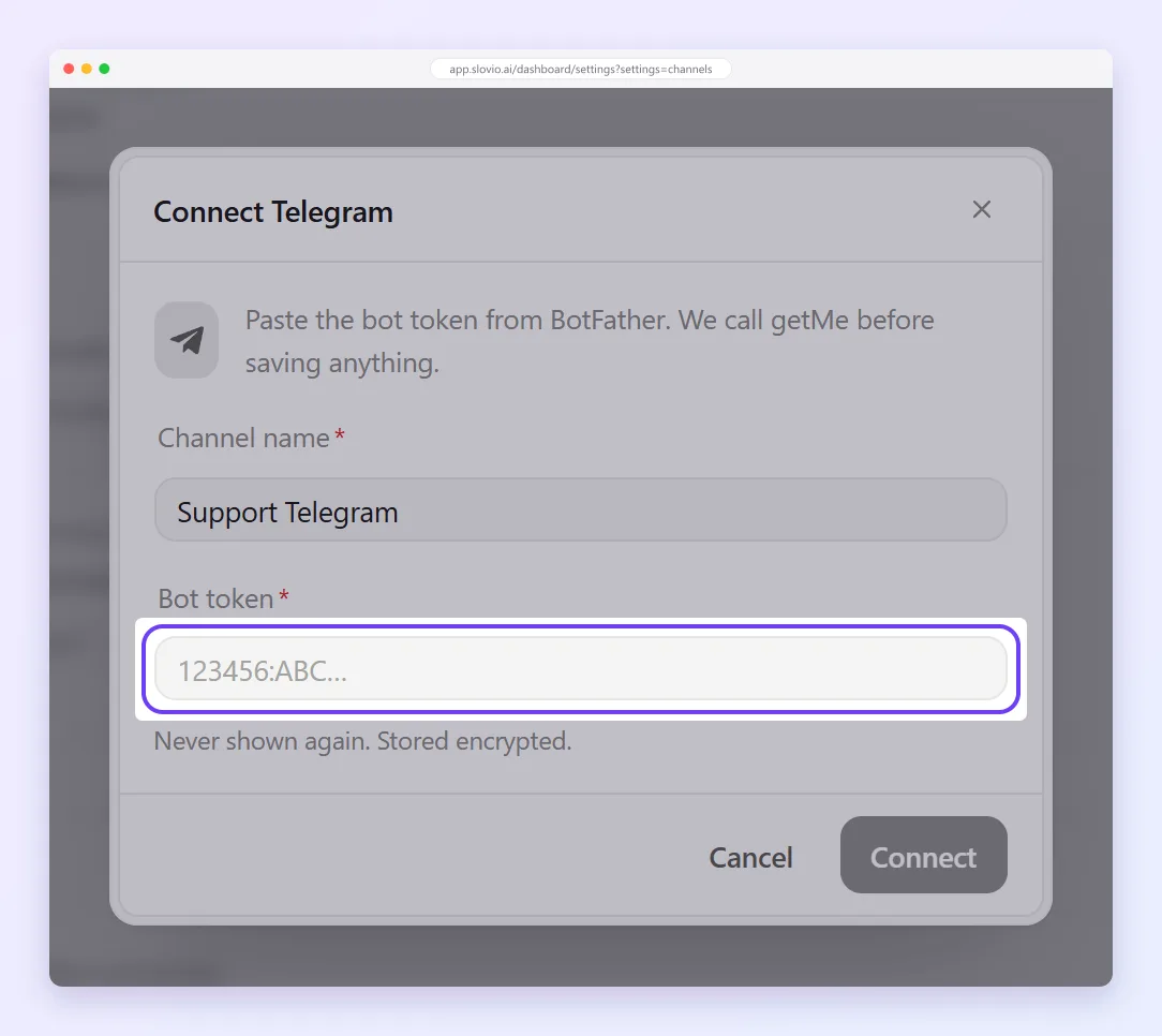 Connect Telegram dialog with the channel name "Support Telegram" and the Bot token field highlighted