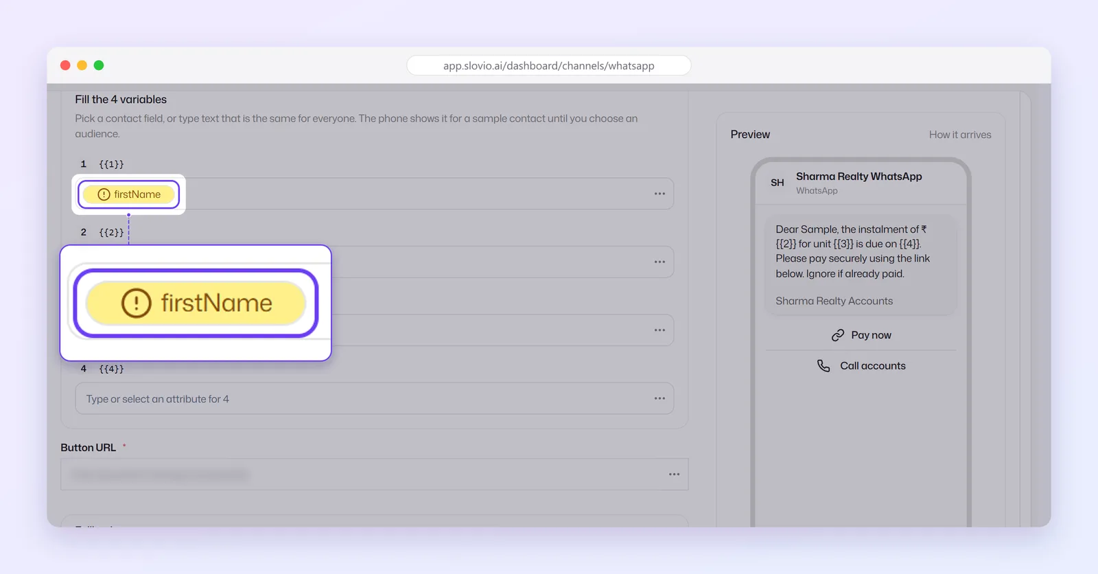 New WhatsApp broadcast variables card where {{1}} shows a yellow firstName badge, meaning no fallback is set yet, and the preview fills it with a sample name