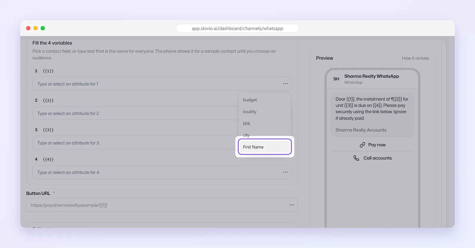 Fill the variables card on a new WhatsApp broadcast with the … menu open beside {{1}}, listing custom properties and First Name, which is highlighted