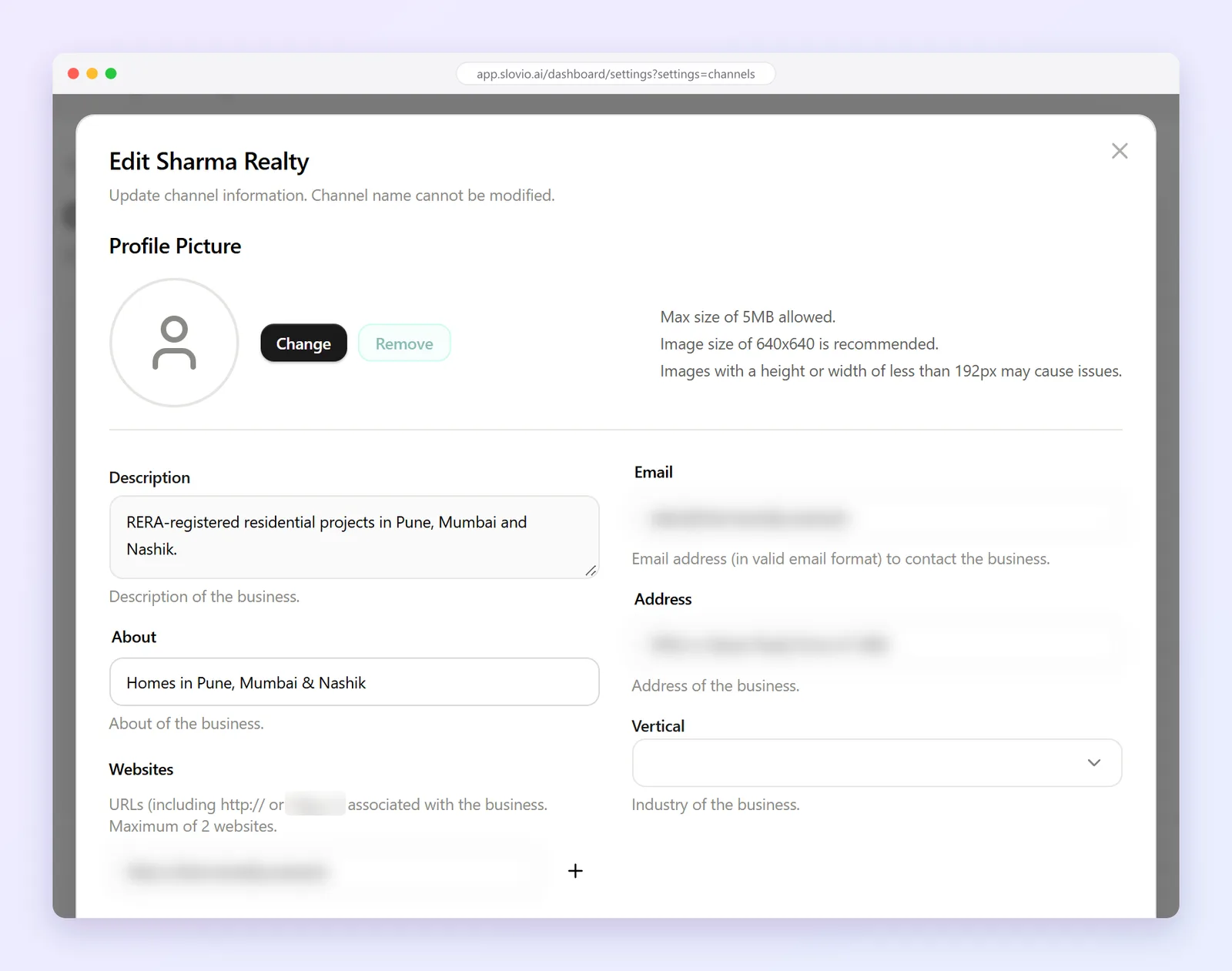 Edit channel dialog for the WhatsApp number with Profile Picture, Description, About, Websites, Email, Address and Vertical fields, with contact details hidden