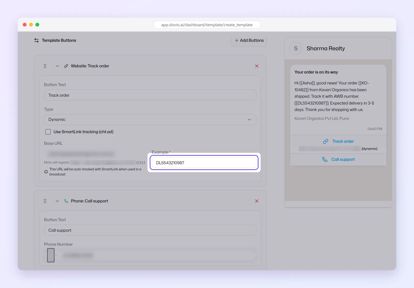 Template Buttons section with a dynamic Visit website button "Track order" using the Kaveri Organics tracking base URL and example DL5543210987, SmartLink tracking unticked, and a Call phone number button "Call support"
