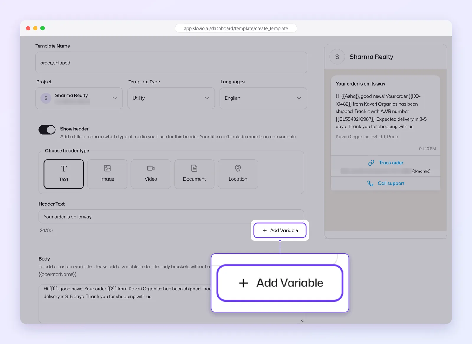 WhatsApp template form filled in for order_shipped: Template Name, Utility type, English, text header "Your order is on its way" and the body with {{1}}, {{2}} and {{3}}, with the message preview on the right