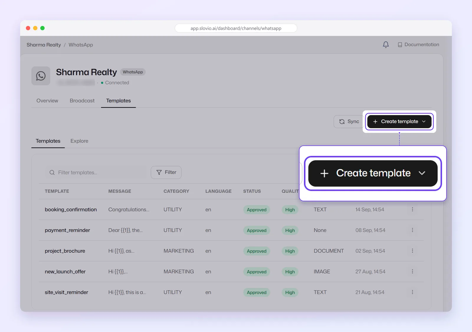 WhatsApp Templates tab listing approved templates with category, language, status and quality, with the Create template button highlighted next to Sync